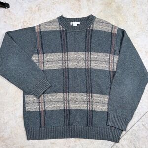 Geoffrey Beene Mens L Plaid Knit Sweater 100% Cotton Crew Neck Long Sleeve